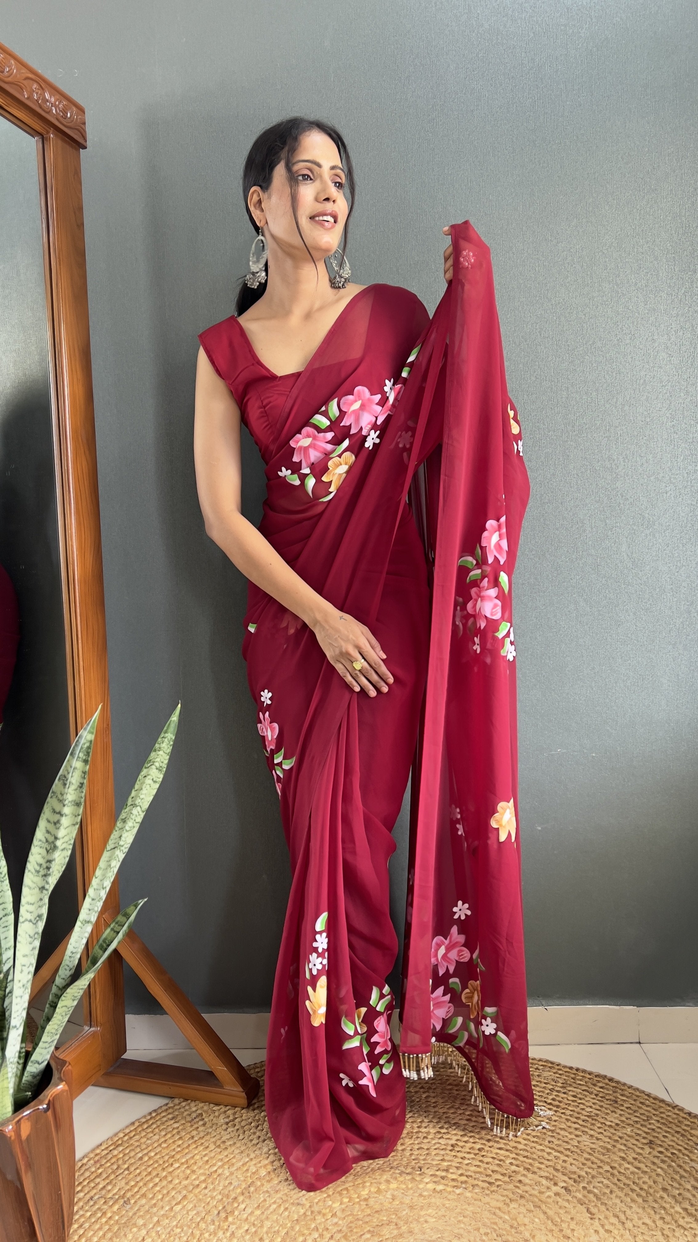 Hand-Painted Faux Georgette Ready-to-Wear Saree